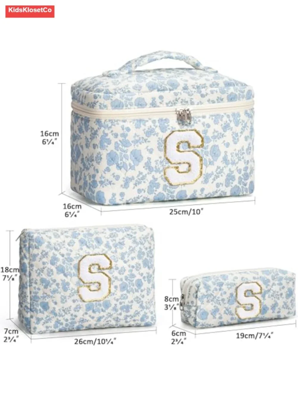 Personalized Initial Quilted Makeup Bag Set, Floral Cosmetic Toiletry Travel